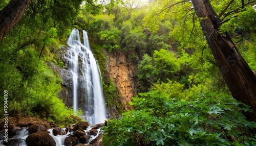 A majestic waterfall hidden within a lush forest  its cascading waters creating a symphony of sound amidst the verdant greenery.