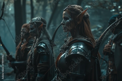 Elf warriors clad in battle armor, poised and ready in a shadowy forest.