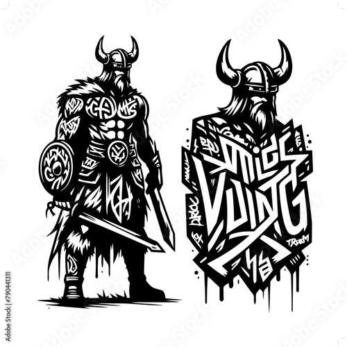 viking silhouette, people in graffiti tag, hip hop, street art typography illustration.
