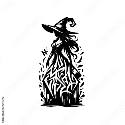 witch silhouette, people in graffiti tag, hip hop, street art typography illustration.