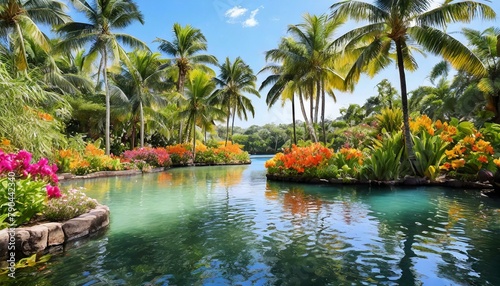 A serene lagoon fringed by swaying palms and vibrant tropical flowers  its tranquil waters inviting for a refreshing swim or leisurely kayak ride.