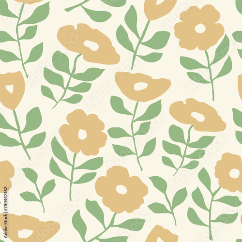 Butter yellow vintage flower seamless repeat pattern with a cream background