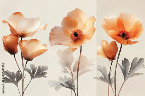 Blossoming flowers in triptych form  creating a statement piece with nature s simplicity and grace