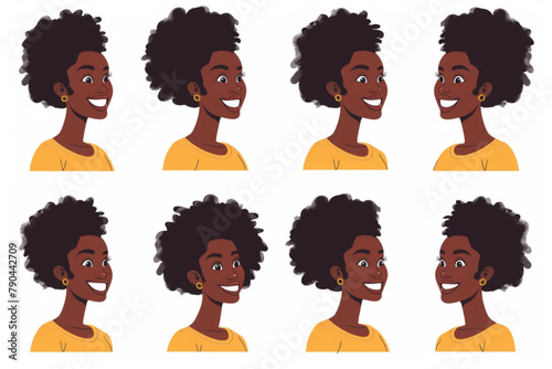 Set of young African American woman character on white background. Happy black girl vector icon, white background, black colour icon