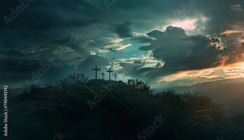 The Christian themed on a background with dramatic at dawn, with a beautiful sea of ​​clouds, dark clouds and sky and sunbeams