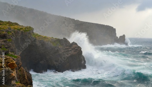 A windswept coastal cliff, battered by crashing waves and shrouded in mist blown in from the tumultuous sea. © Marisa