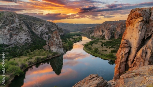 A serene river valley, carved through ancient rock formations, where meandering waters reflect the fiery hues of a sunset sky.