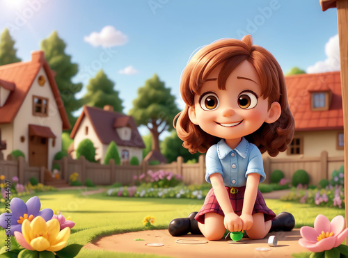Smiling girl sitting in a flowery garden on a sunny spring day. Character representing innocence and happiness during early childhood play. 
