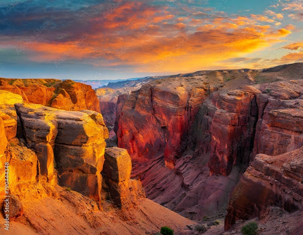 A dramatic canyon carved by the erosive forces of time, its sheer walls painted in hues of red and gold by the setting sun.