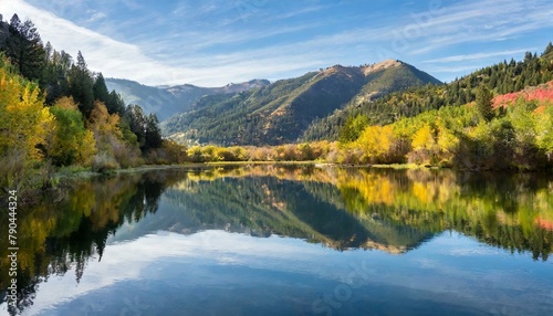 A tranquil lake nestled within a verdant valley, its mirror-like surface reflecting the surrounding mountains clothed in a tapestry of fall colors.