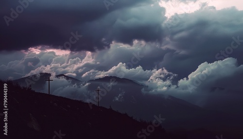 The Christian themed on a background with dramatic at dawn, with a beautiful sea of ​​clouds, dark clouds and sky and sunbeams © Virgo Studio Maple