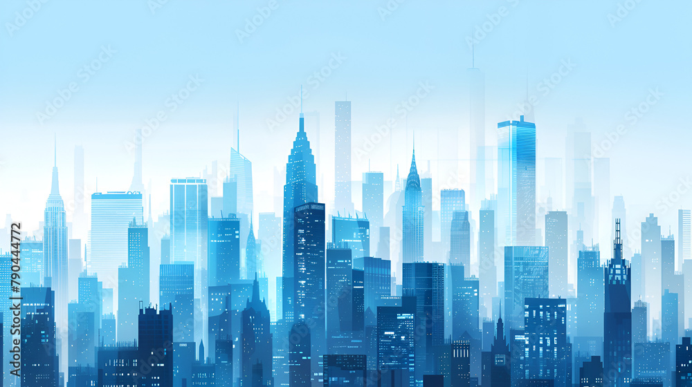 A city skyline with skyscrapers representing various financial institutions, banks, and real estate companies