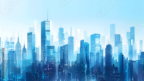 A city skyline with skyscrapers representing various financial institutions, banks, and real estate companies