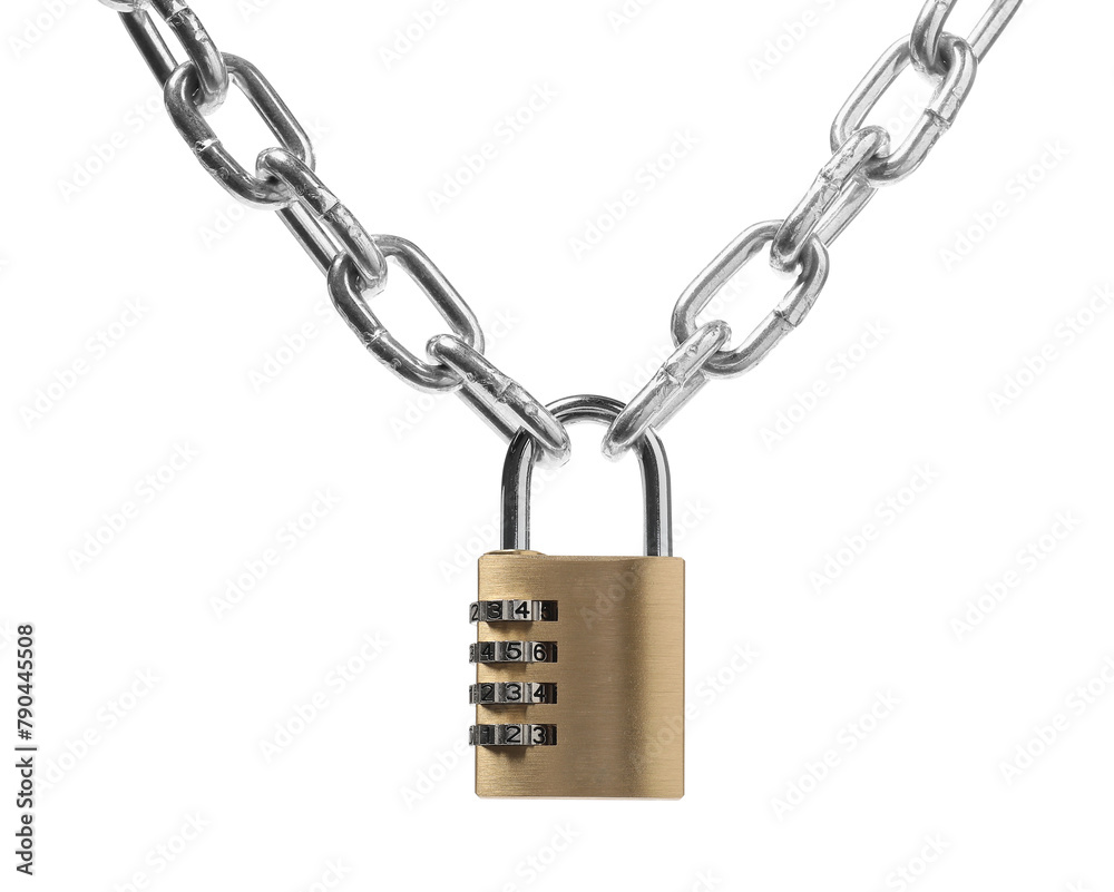 Steel combination padlock and chain isolated on white Steel combination padlock and chain isolated on white