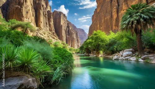 A serene canyon oasis, where a ribbon of emerald river winds through towering rock walls, nourishing lush vegetation along its banks.
