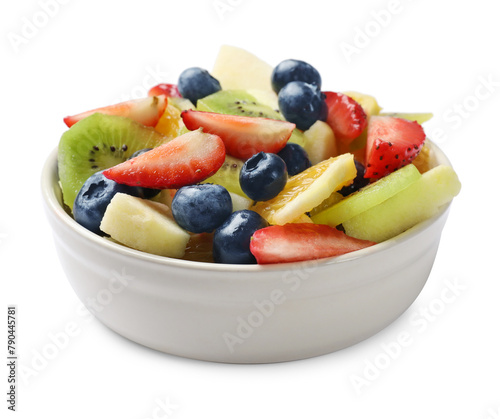 Tasty fruit salad in bowl isolated on white