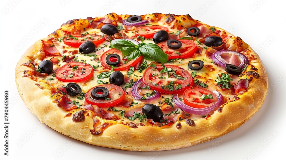 Supreme pizza food photography  thin crust, tomato base, cheese, bacon, olives, bell pepper, basil