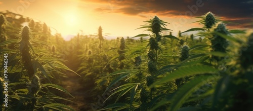 A field of cannabis plants with a setting sun