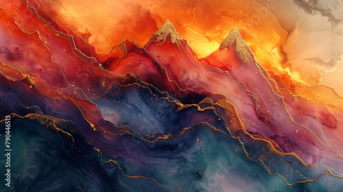 nferno Peaks: Abstract Fiery Mountainscape with Fluid Color Dynamics - A Dramatic Confluence of Nature and Fantasy for Bold Wall Art and Creative Inspiration