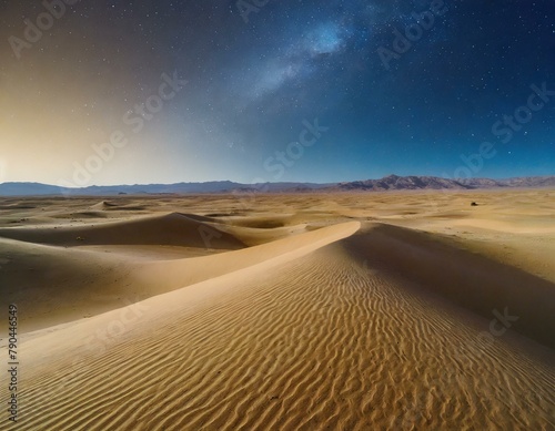 A sprawling desert plain, where shifting sands form undulating dunes that stretch to the horizon beneath a vast expanse of clear, star-studded sky.