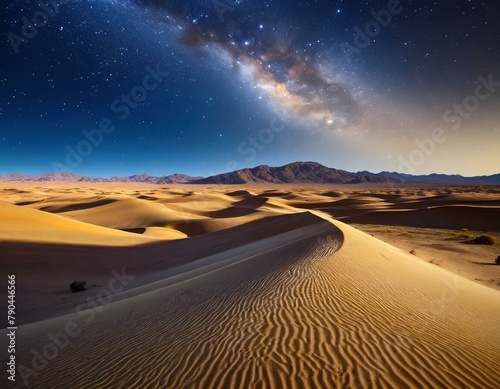 A sprawling desert plain, where shifting sands form undulating dunes that stretch to the horizon beneath a vast expanse of clear, star-studded sky.