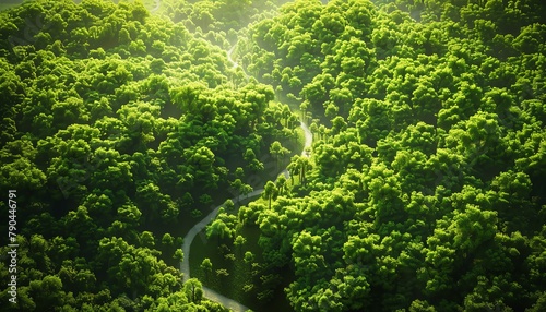 Illustrate a lush green forest from a birds-eye view using digital rendering techniques, emphasizing the vibrant foliage and winding pathways below