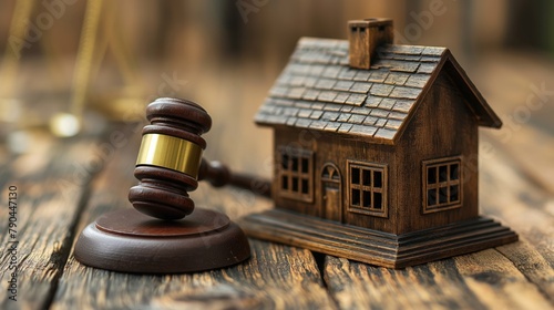 little house and gavel on the wooden table. Auction concept