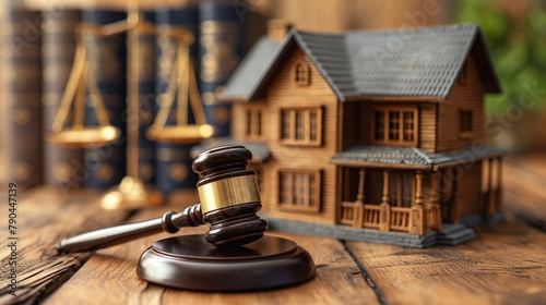 little house and gavel on the wooden table. Auction concept