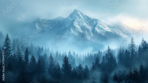 misty mountain with silhouetted pine tree forest in the foreground photo