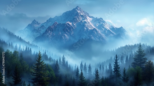 misty mountain with silhouetted pine tree forest in the foreground © natalikp
