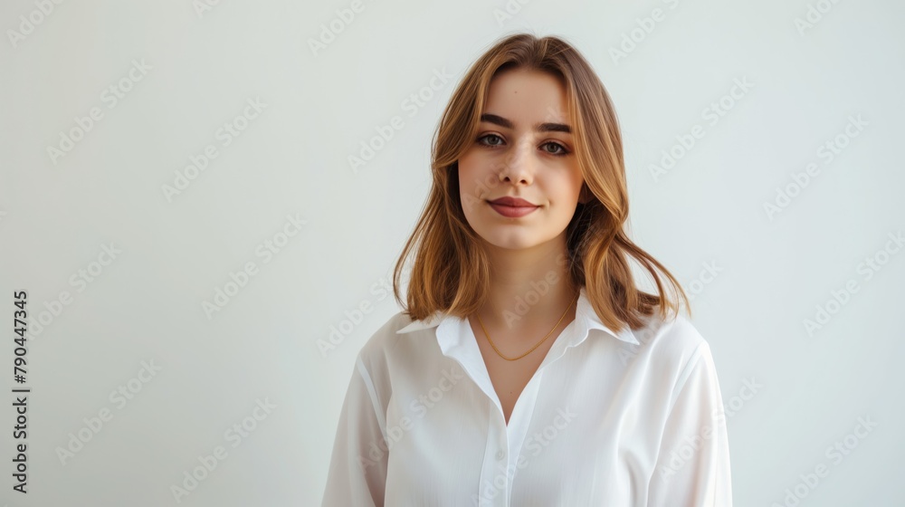 a young girl in a white blouse on a white background. a young girl in a white blouse on a white background.