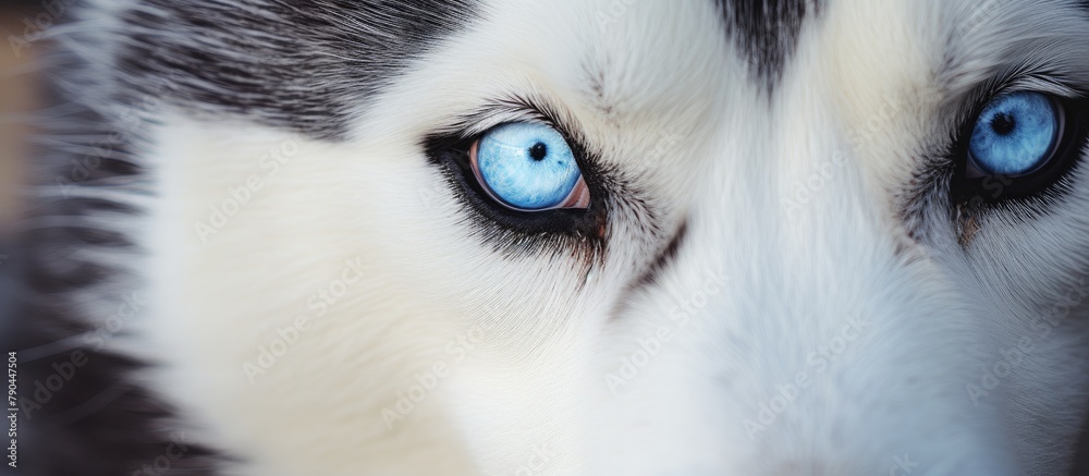 A husky dog with striking blue eyes staring at the camera