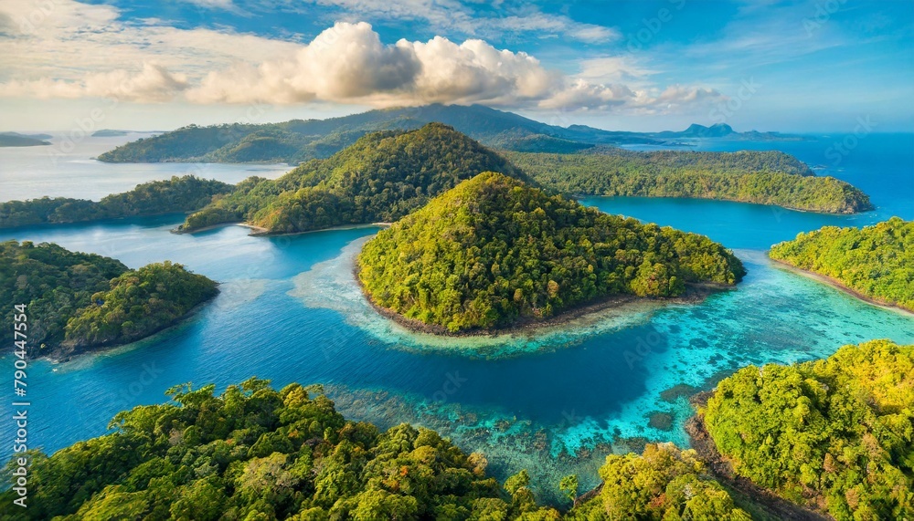 A remote island archipelago, where lush rainforests cling to rugged volcanic peaks, surrounded by azure waters teeming with colorful coral reefs.