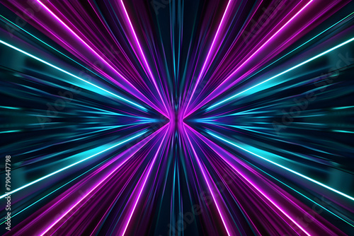 Hypnotizing neon lines in purple and teal. Futuristic abstract art on black background.