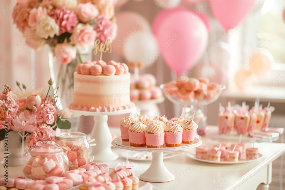 Baby shower party for a girl in pink colors. A table with desserts, cakes in the theme of a gender reveal party for expectant and young parents in pink tones. Celebration, motherhood. Baby shower party for a girl in pink colors. A table with desserts, cakes in the theme of a gender reveal party for expectant and young parents in pink tones. Celebration, motherhood.