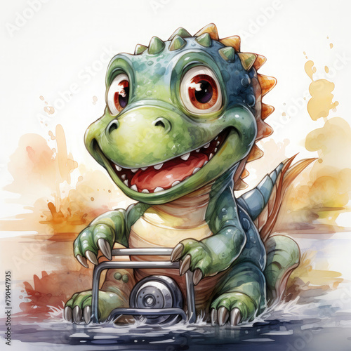 Watercolor Cartoon dinosaur characters driving  clipart Illustration  Generative Ai