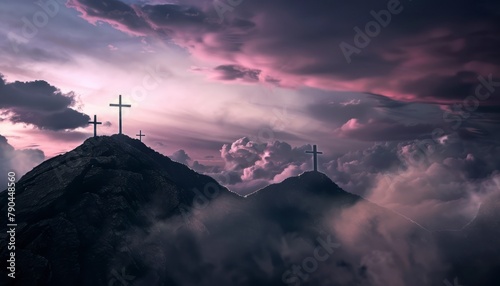 The Christian themed on a background with dramatic at dawn, with a beautiful sea of ​​clouds, dark clouds and sky and sunbeams