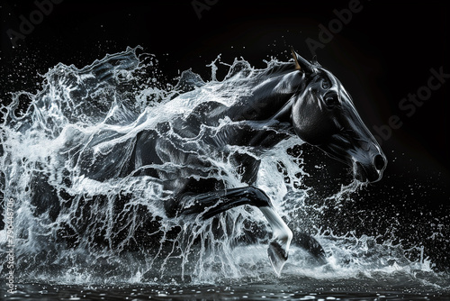 A black stallion running through water