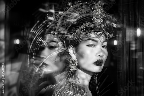 abstract black and white portrait of a nonbinary person wearing an ornate headdress