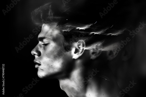 abstract black and white portrait of a young man in profile