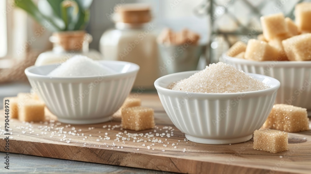 Two sugar bowls and cubes on cutting board