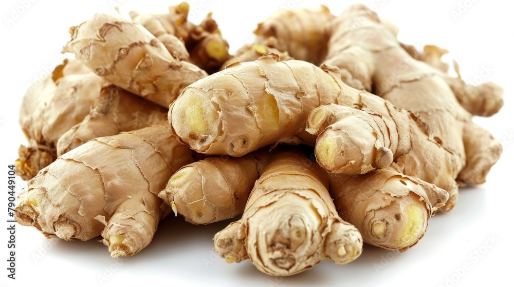 Pile of ginger root on a white surface Pile of ginger root on a white surface