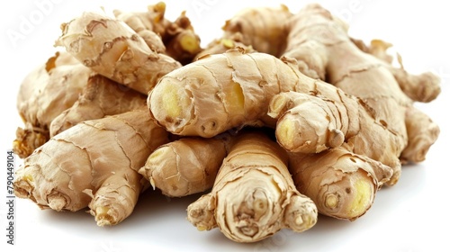 Pile of ginger root on a white surface