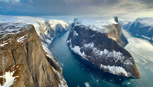 Top view, A series of fjords cutting into the coastline, resembling deep scars etched into the land, with sheer cliffs plunging into the icy waters below.