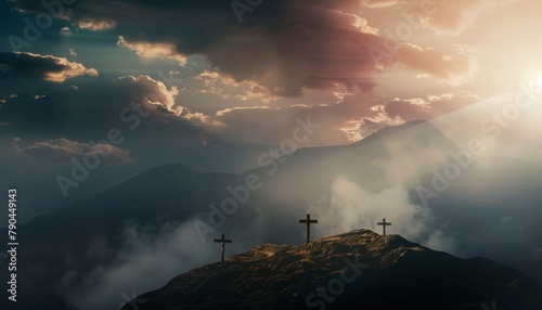 The Christian themed on a background with dramatic at dawn  with a beautiful sea of       clouds  dark clouds and sky and sunbeams