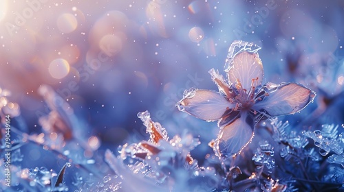 A winter wonderland scene featuring crystal flowers frozen in ice. The image portrays abstract frozen flowers and petals  evoking a winter 