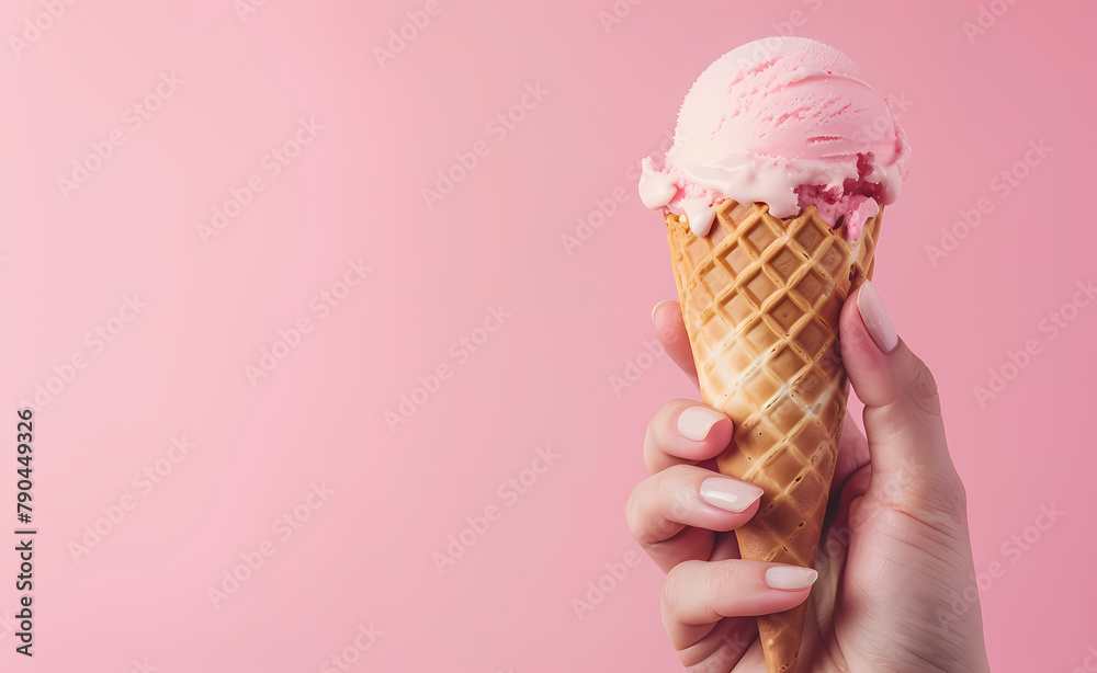mano de mujer sosteniendo un helado con fondo rosa mano de mujer sosteniendo un helado con fondo rosa