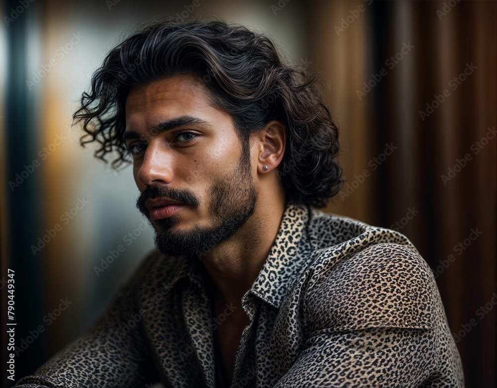 A man with a beard is standing while wearing a leopard print shirt. He appears confident and stylish in his outfit choice. A man with a beard is standing while wearing a leopard print shirt. He appears confident and stylish in his outfit choice.