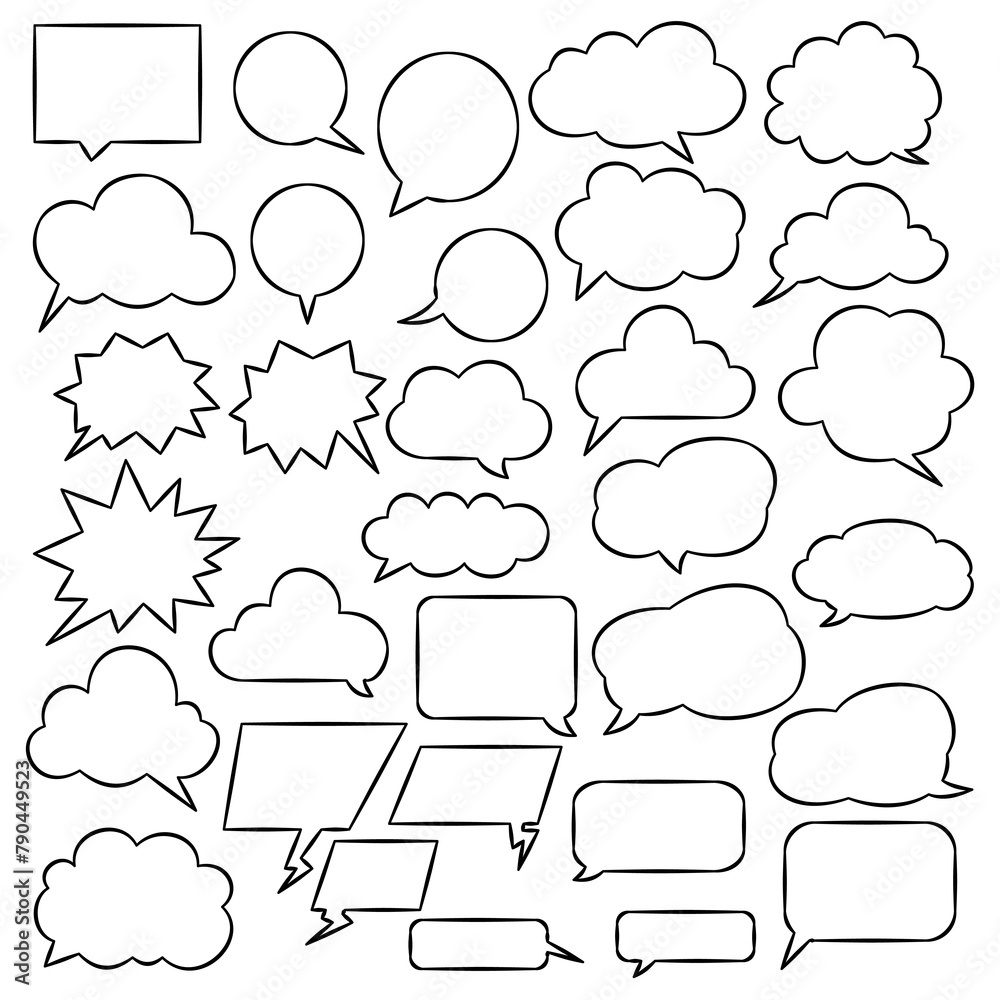 Puste komiksowe dymki czatu. Bańki rozmowy, bąbelki dialogowe, kolekcja konwersacyjnych baloników, chmurki mowy i myśli. Dialog, rozmowa, dyskusja, komunikat, plotki.