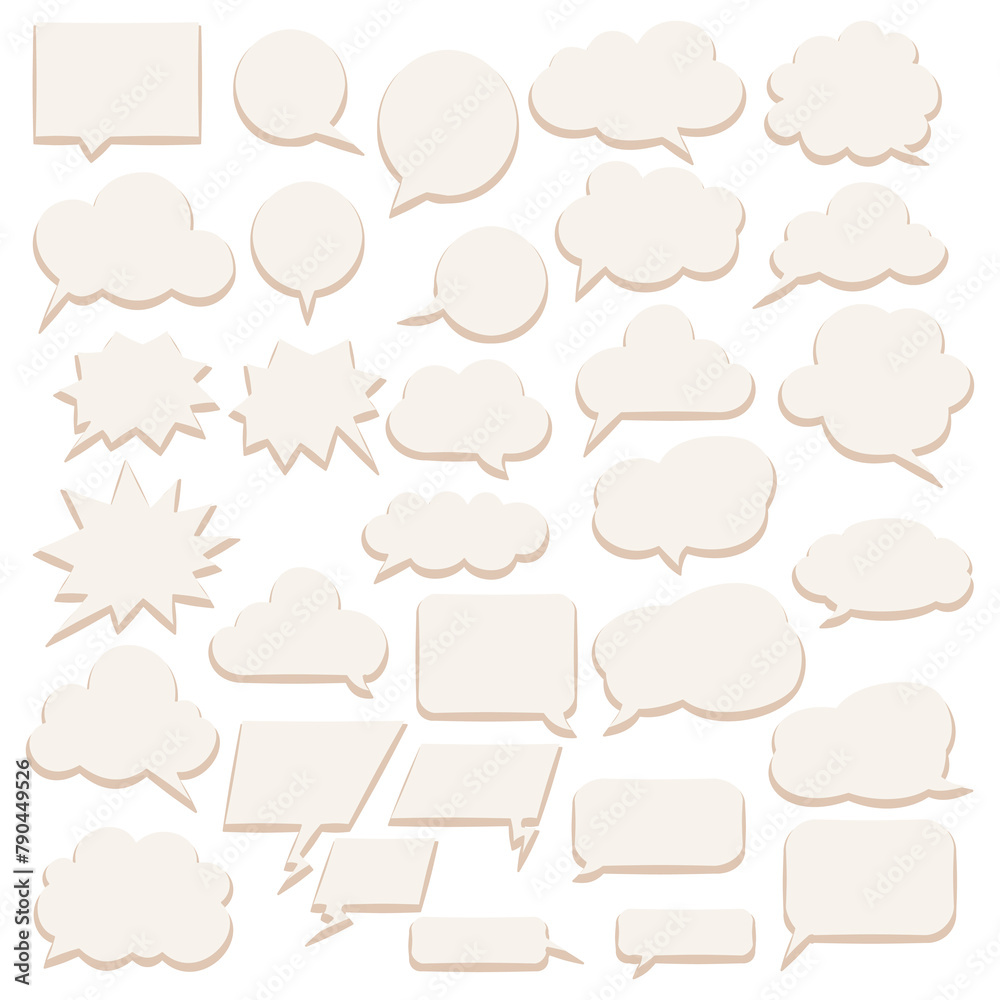 Obraz premium Zbiór różnorodnych dymków mowy i myśli, każdy o unikalnym kształcie i wzorze, w tym zaokrąglone prostokąty, owale, chmury, ząbkowane krawędzie. Różne style komunikacji.